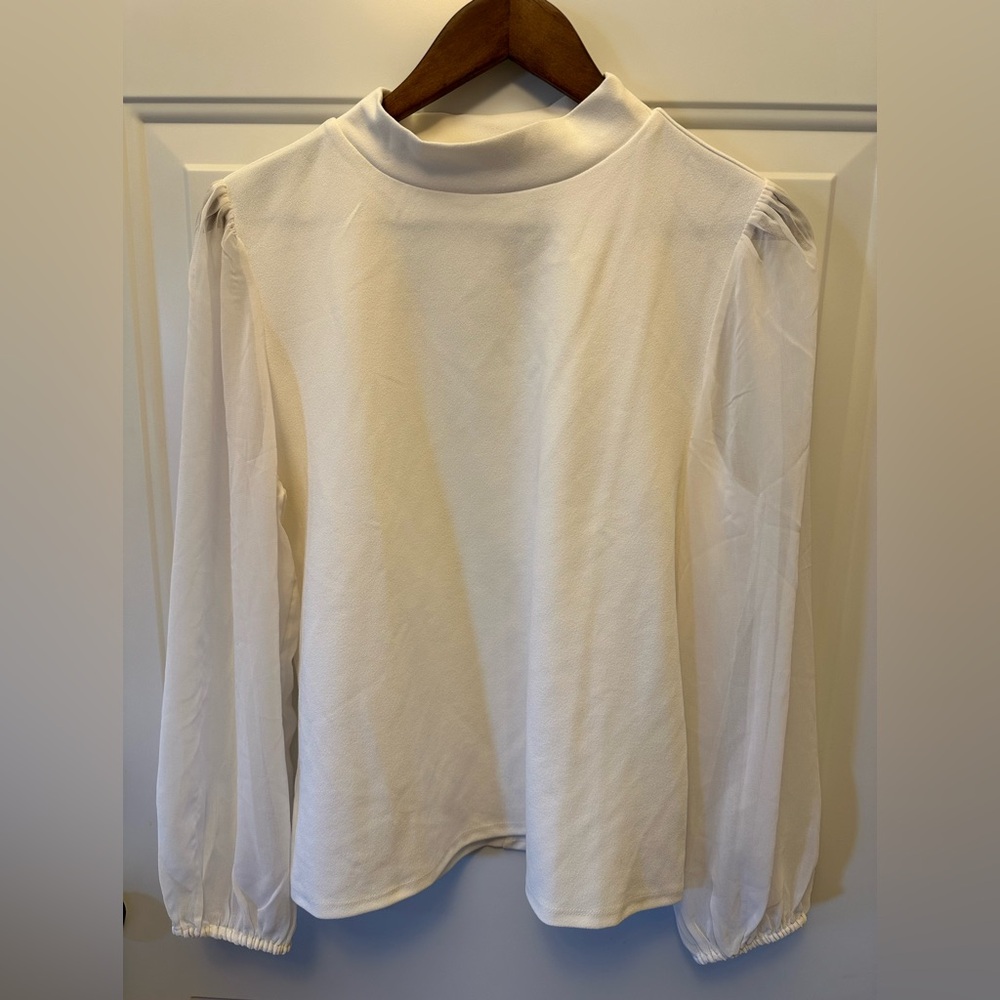 White Ann Taylor Crepe Top with Sheer Sleeves